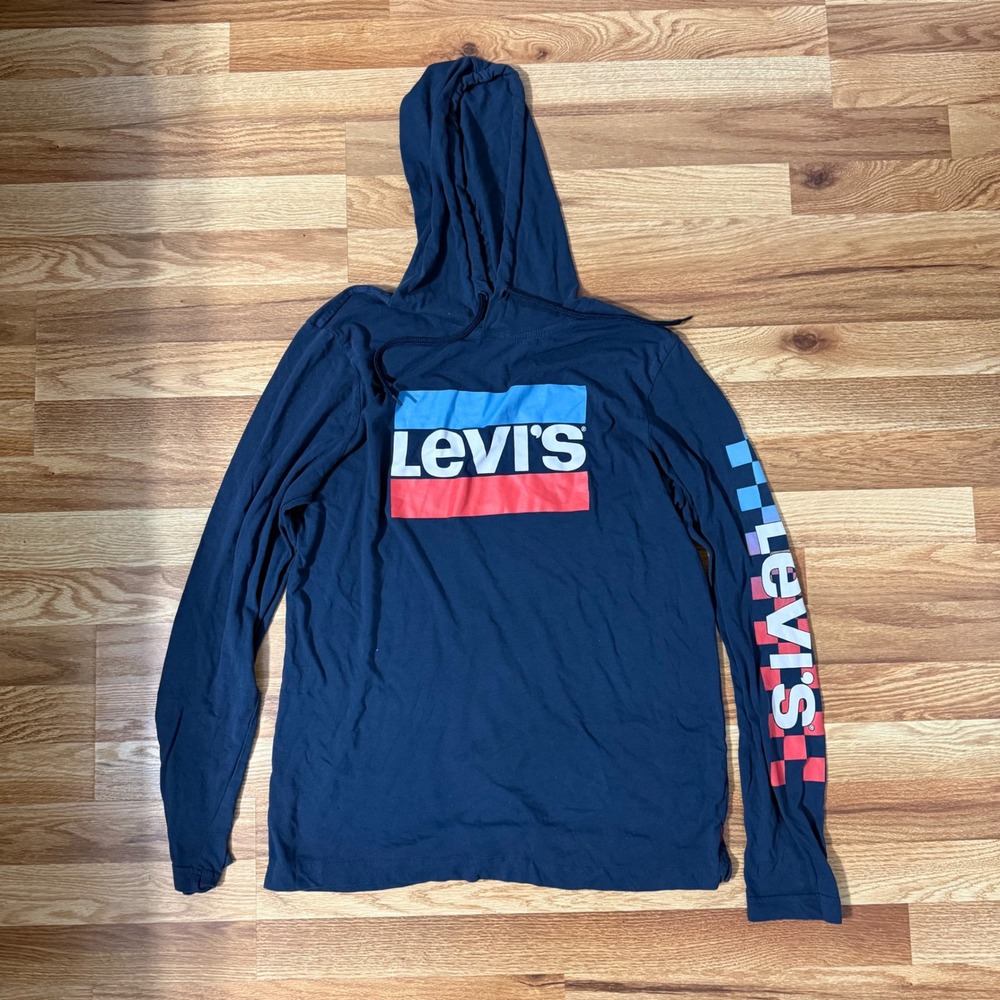 Levis Mens Long Sleeve Hooded T-Shirt Navy Blue Graphic Logo Hoodie Large